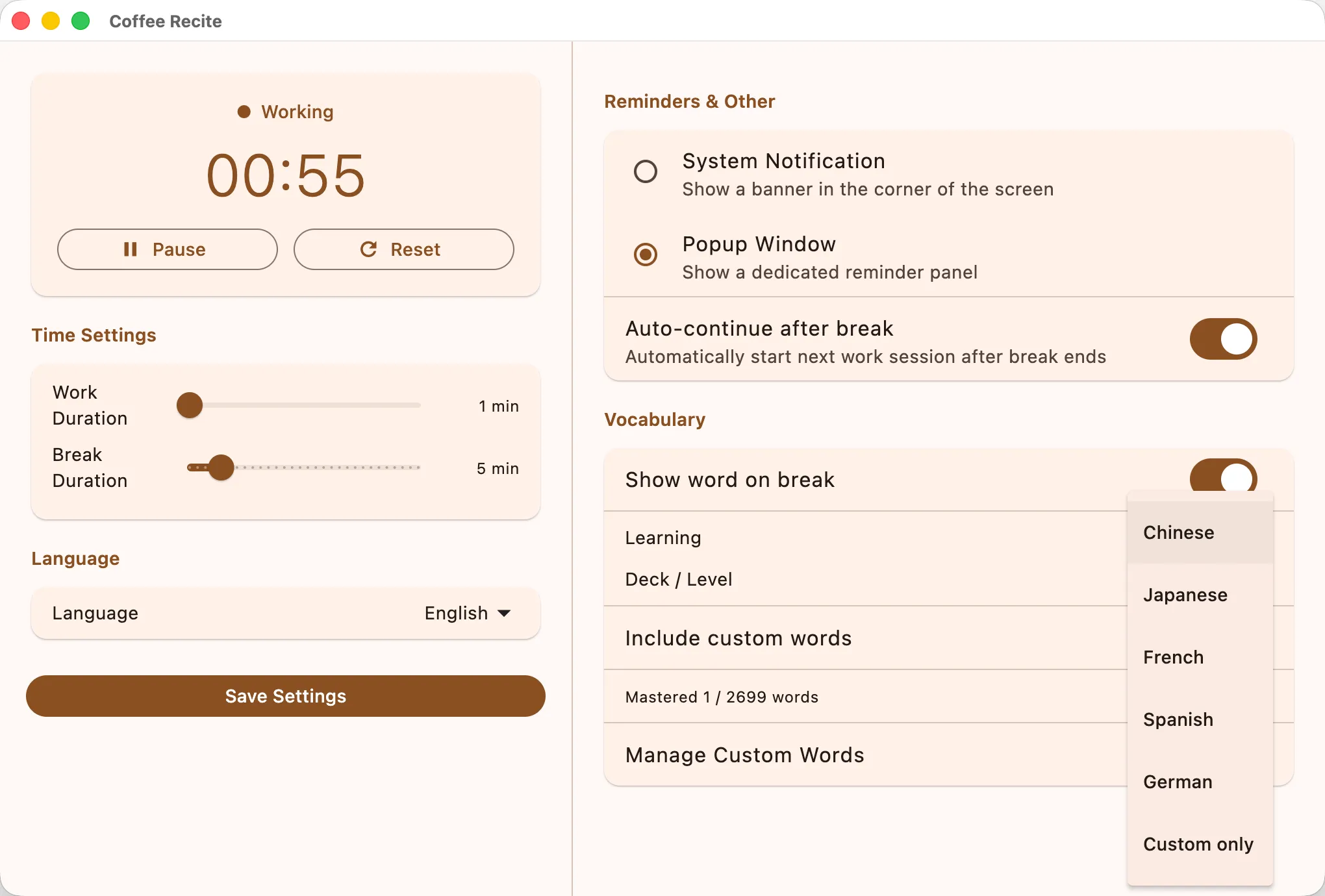 Vocabulary deck selector with learning progress statistics