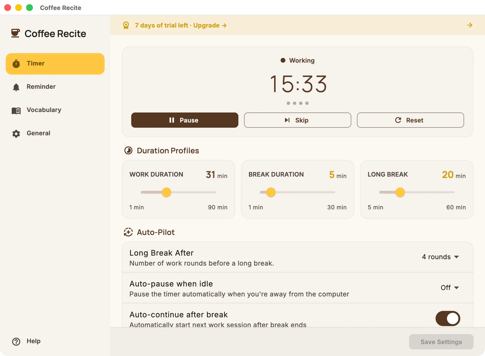 Coffee Recite time settings showing long-break rounds, idle auto-pause, and auto-continue