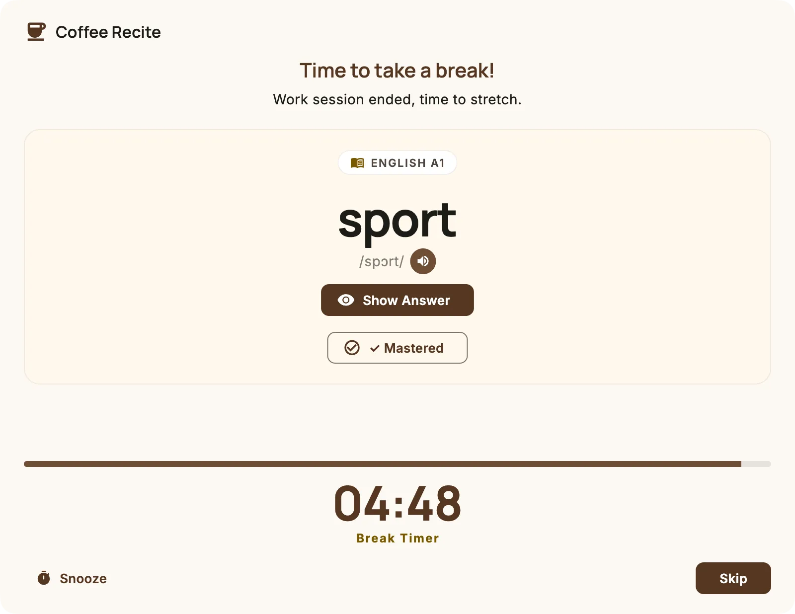 Coffee Recite break window showing a flip-mode vocabulary flashcard with a pronunciation button on macOS