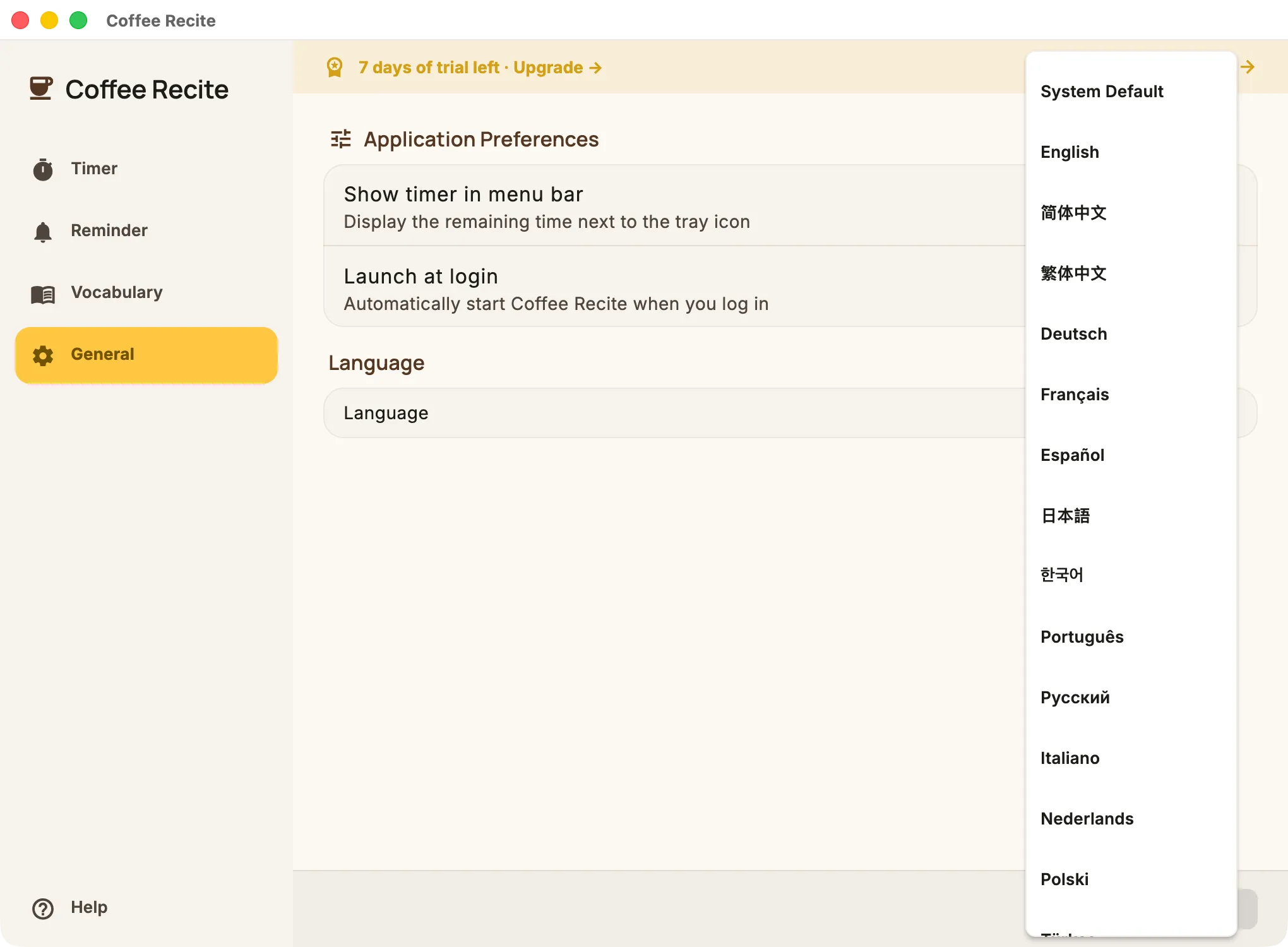 Coffee Recite language picker showing System Default, English, Chinese, Japanese, Korean and more
